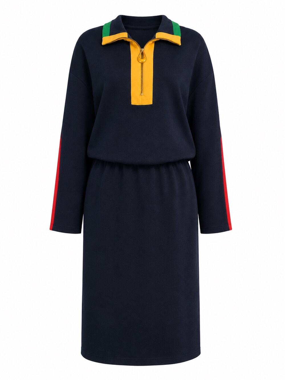 Vintage 80s Navy Colorblock Half Zip Collared Midi Dress | Retro Sporty Preppy